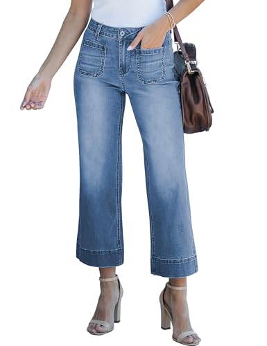 luvamia Wide Leg Jeans for Women Trendy High Waisted Flare Jeans Cropped Denim Pants Stretchy Baggy with Patch Pockets Jeans for Women Trendy Business Casual Clothes for Women Blue Tides Size 10