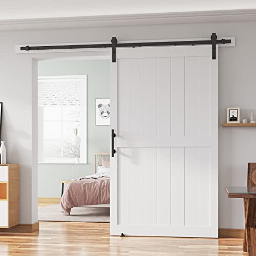 ALAMEDADT 48''x84'' Sliding Barn Door with 8 Ft Barn Door Hardware Kit& Handle& Floor Guides,Pre-Drilled Holes Easy Assembly - Include Installation Manual, Water-Proof PVC Surface, H-Frame, White