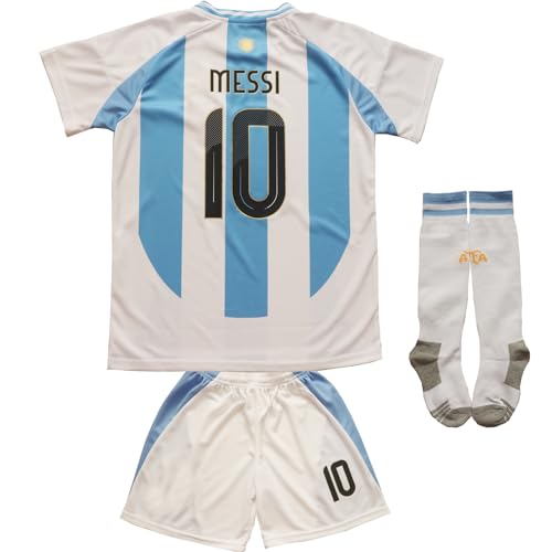 Think N Thrill 2024 Argentina #10 Leo. Copa-America Home Kids Football Soccer Jersey/Shorts/Socks Kit Youth Sizes (White/Blue, 30)