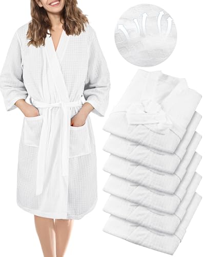 ShinyMatch 6 Pcs Women's Waffle Robes Spa Bath Robe Bulk Commercial Lightweight Thin Soft for Shower House Party(X-Large,White)