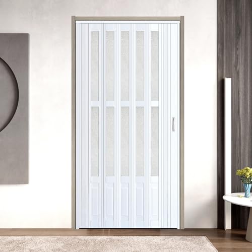 42x80in PVC Internal Accordion Folding Door, Multifold Sliding Door for Closet, White in Color, with Installation Hardware; Handle; Latch.