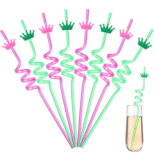 Widecook 24 Pcs Reusable Plastic Drinking Straws Princess Party Favors Crown Shape Straws Green and Pink Colors for Princess Witch Theme Birthday Party Supplies