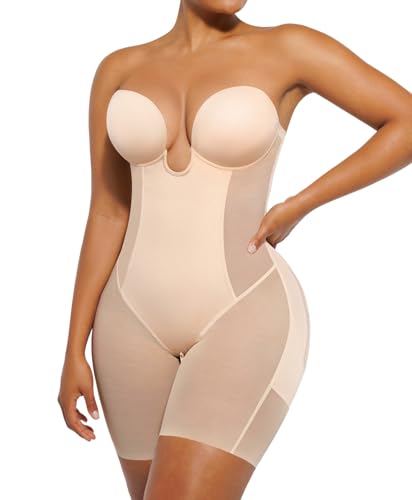 SHAPELLX Shapewear Tummy Contro Backless Body Bra Shaper Womens Plus Size Plunge Invishaper Low Back Short Bodysuit