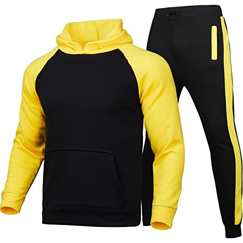 Fall Cardigans for Men Lightweight 2023 Winter Men's Jogging Suit Sports Hoodie Two-Piece Outfit Jacket with Hood Pockets Long Sleeve 2 Peice Set Tracksuit Active Yellow Small