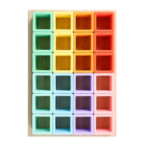 BLUE GINKGO Silicone Rainbow Blocks – [24 PC] Giftable Soft Blocks for Kids, BPA-Free Montessori Stacking Toy with Sorting Tray (Pastel)