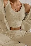 Linsery Lady Sherpa 3 Piece Lounge Sets Open Front Cardigan Crop Vest Tops Wide Leg Pants Sexy Fuzzy Outfits Camel S