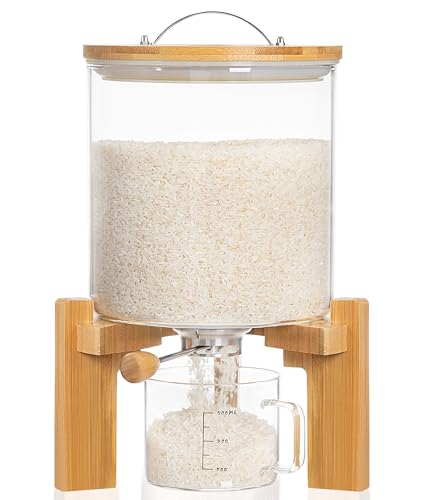 HBlife 8 lbs Glass Rice Dispenser with Wooden Stand Flour and Cereal Container with Glass Measuring Cup Pantry Food Organization Storage Bin with Airtight Bamboo Lid, 5L