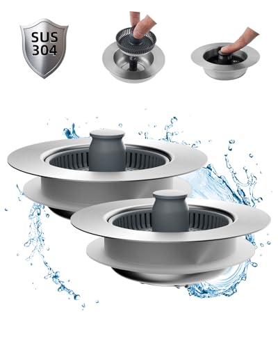 Hibbent 2 Pack Upgraded 3 in 1 Kitchen Sink Drain Strainer and Stopper Combo, Stainless Steel Metal Pop Up Sink Stopper, Anti-Clogging Basket Strainer with Handle for US Standard 3-1/2 Inch Drain