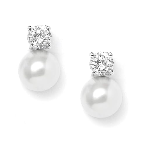 Mariell White Pearl Bridal Earrings with Cubic Zirconia Crystal Top, 9mm White Pearl Stud Earring, Perfect for Brides, Bridesmaids, Wedding Party and Everyday Wear