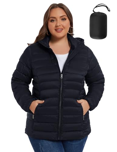 ANOTHER CHOICE Plus Size Packable Puffer Coat for Women, Light Weight Winter Jacket with Hood (Black 3X)