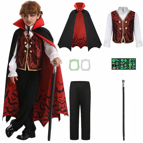 DIYLN Vampire Costume Kids Boy Deluxe Gothic Vampire Costume Set Toddler Halloween Costumes Cape Dress up Outfit with Accessories Teeth Cane Stickers DY026L