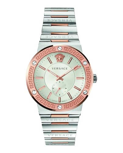 Versace Greca Logo Collection Luxury Mens Watch Timepieces with a Two Tone Bracelet and Case Featuring a Silver Dial