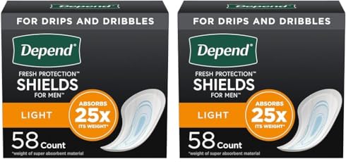Depend Incontinence/Bladder Control Shields, Incontinence Pads for Men, Light Absorbency, 58 Count (Packaging May Vary) (Pack of 2)