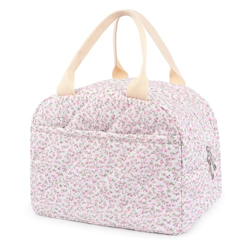 Cotton Quilted Insulated Lunch Bag, Cute Quilted Floral Lunch Tote Bags Reusable Insulated Lunch Box Coquette Aesthetic Large Capacity Insulated Cooler for Women Work Travel Picnic (Pink)