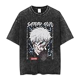 Jujutsu Short Sleeve T-Shirt Kaisen Anime Gojo Yuji Sukuna Cosplay Washed Fabric Style Round Neck Cool Shirt for Men (Large,Satoru Gojo)