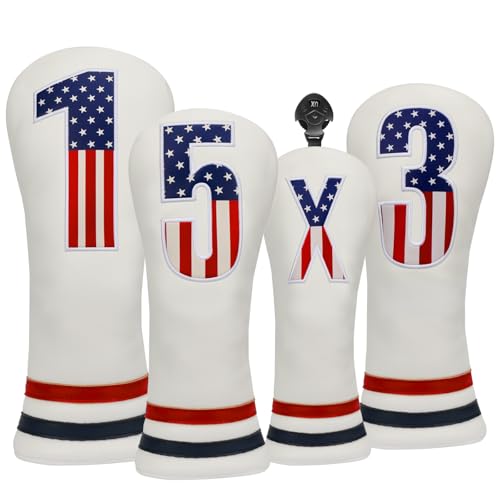 Golf Club Covers, 4pcs Premium PU Leather Golf Club Head Covers for Woods and Driver Fairway Hybrid, USA Flag Patriotic Golf Head Covers for Men and Women - Fits Most Golf Clubs(White)