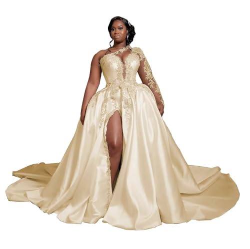 Long Sleeve Satin Wedding Dresses Mermaid One Shoulder Beaded Appliques Slit Bridal Gowns Plus Size Bridal Wedding Ball Gown Champagne