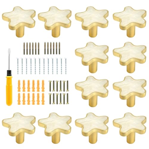 HWAQHDYL 12 pcs Star Shaped Small Dresser Knobs Cartoon Cabinet Door Knobs Cute Drawer Handle Pulls for Children Girls Bedroom Cabinets Closets Furniture Hardware (White, Star)