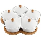 yarlung Ceramic Divided Serving Dishes with Lids and Bamboo Platter, 5 Removable Dipping Bowls Relish Tray Nuts Dishes for Appetizer, Chips, Fruits, Candy, Condiment