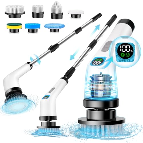 ALPONO Electric Spin Scrubber for Cleaning - Bathroom Floor Shower Scrubber with Long Handle Cordless Handheld Power Spin Brush, IPX7 7in1 400RPM LED-Screen Fast Charging