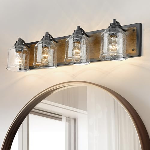 YKLITG 31.5" Large Farmhouse Bathroom Vanity Light,Handmade Dark Wood Vanity Light with Bubble Glass Shades,4-Light Rustic Wall Sconce Lighting Fixtures Over Mirror, BD005-4-DW