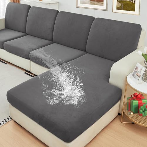 NAISI Waterproof Couch Cushion Covers Thick Velvet Fabric Washable Sofa Slipcovers Sectional Couch Covers for 4 Pieces Separate L Shape Couch Cover with Elastic Bottom(3 Seater + 1 Chaise,Grey)