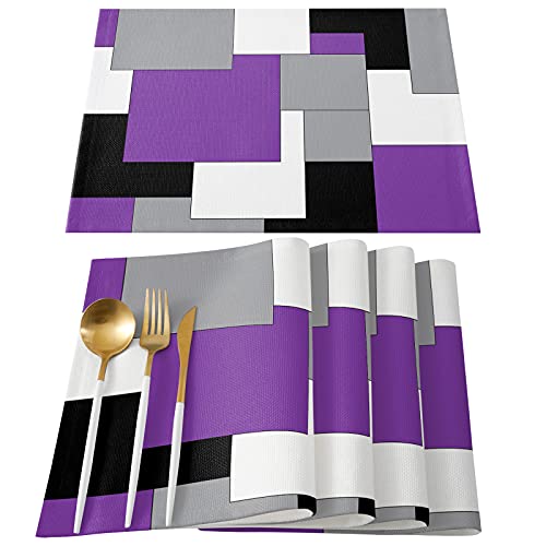 Placemats for Dining Table Set of 4, Abstract Art Patchwork Purple Black and Grey Kitchen Table Place Mats,Non-Slip Place Mats Washable Table Mats Set,13x19 in