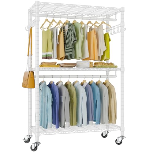 VIPEK R2 Plus Rolling Garment Rack 3 Tiers Adjustable Wire Shelving Clothes Racks with Wheels, Freestanding Wardrobe Storage Rack Heavy Duty Metal Clothing Racks for Hanging Clothes, White