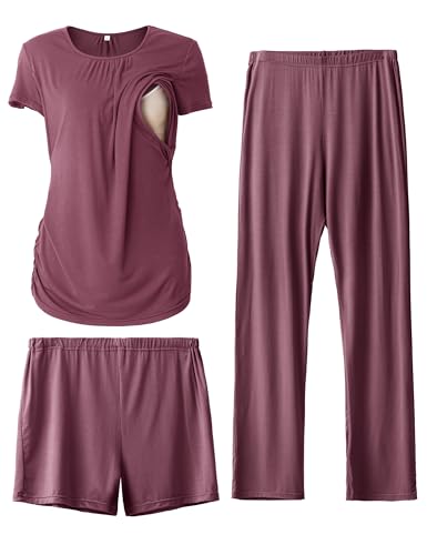 SUNNYBUY Womens Maternity Nursing Pajamas Set, Short Sleeve Breastfeeding Shirts，Pregnancy Shorts & Pants 3 Piece Nursing PJS, Burgundy XL