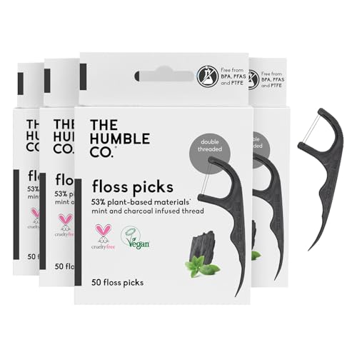 The Humble Co. Floss Picks (200 Count) – Plant Based Dental Floss Picks for Superior Oral Care, Dental Hygiene, and Gum Health, Cruelty Free Tooth Floss Picks (Charcoal, Double Thread)
