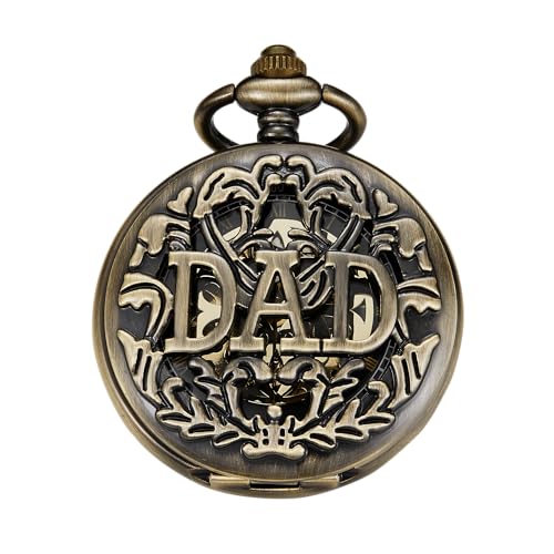 Tiong Bronze Hollowed Out Dad Design Mechanical Pocket Watch, Men's Mechanical Movement Roman Numeral Dial Single Opening Pocket Watch