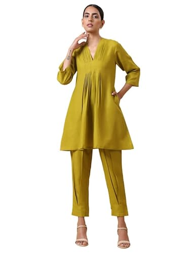 true Browns Women Regular Fit V Neck Cotton Linen Pleated Co-Ord Set Dress (Large Lime Green)