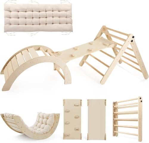 Yopnoyik Pikler Triangle Set with Cushion Large, 5 in 1 Toddler Climbing Toys Indoor, Montessori Foldable Climbing Set for Kids, Wooden Playground Jungle Gym with Ramp, Arch and Ladder (Wooden Color)