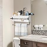 Hair Tool Organizer Wall Mount, Hair Dryer Holder with 2 Towel Bars, Wood Hot Tools Organizer, Rustic Bathroom Organizer Blow Dryer Holder for Bathroom Decor, Flat Iron, Curling Wand, Brushes(White)