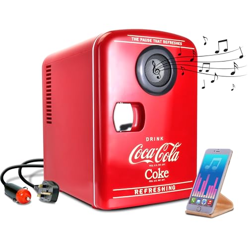 Coca-Cola Bluetooth Mini Fridge with Speaker 4L Portable Cooler/Warmer for Home Car RV Iconic Red Design Holds 6 Cans Dual Power Thermoelectric Technology Perfect for Travel and Parties