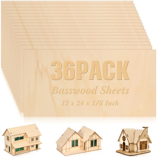 36 Pack Basswood Sheets Plywood Board 1/8 Inch Unfinished Wood Boards for Crafts for DIY Laser Projects Architectural Model Making Mini House Building Hobby Wood Burning (12 x 24 x 1/8 Inch)