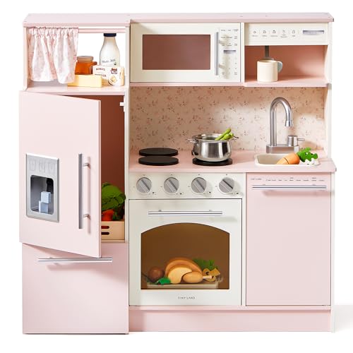 Tiny Land Play Kitchen for Kids, Upgraded Wooden Kitchen Toy with Complete Play Areas, Pretend Cooking Set with Sink, Stove, Microwave, Toy Coffee Station & Storage for Kids Ages 3+