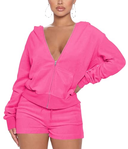 SMSN Women 2 Piece Outfits Sweatsuit Shorts Sets, Velvet Tracksuit Long Sleeve Hooded Zipper Jacket Casual Sweat Set Rose Red M