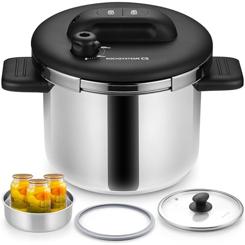 KOCH SYSTEME CS Stainless Steel Pressure Cooker 8.5 Quart, Olla de Presion, 3 PSI Settings Pressure Cooker, Easy One Press Locking Pressure Cookers 8L, Induction Compatible, Glass Lid & Steamer Rack