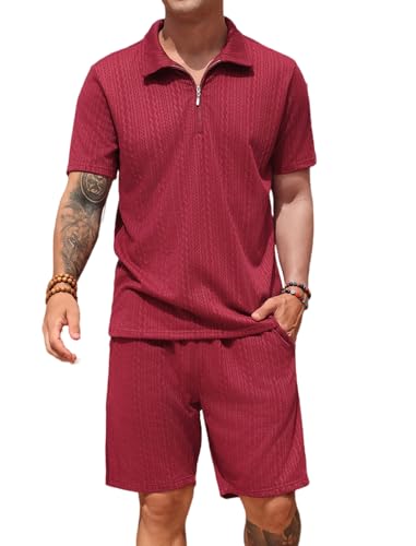 SPKPKEY Men's 2 Piece Outfits Sets Summer Fashion Casual Short Sleeve Zipped Polo Tracksuit Wine Red 3X-Large