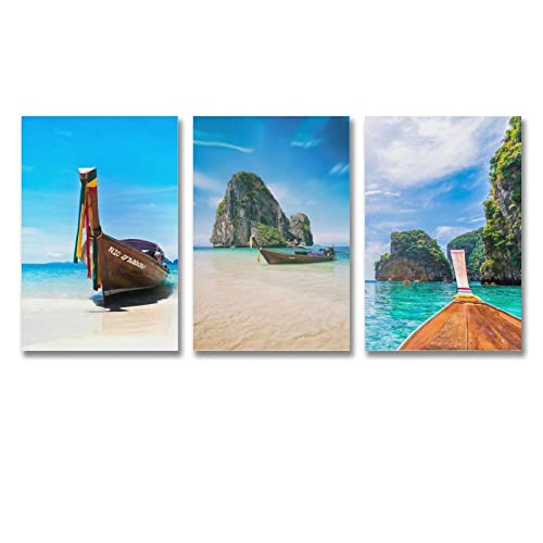 Phuket Sea View Wall Art Beach Island Fishing Boat Poster 3 Pieces Canvas Printed 01 (6) Phuket Sea Prints Painting Nordic Decoration Living Room Home Decor 24x36inch(60x90cm)