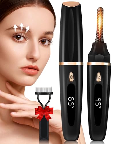 Heated Eyelash Curlers - Eye Lash Curler Heat with Eyelash Comb - Electric Eyelash Curler - Rizador De Pestañasey LED Display 3 Temp Settings USB Charge Natural Curling 24H for Women Makeup Tool Gifts