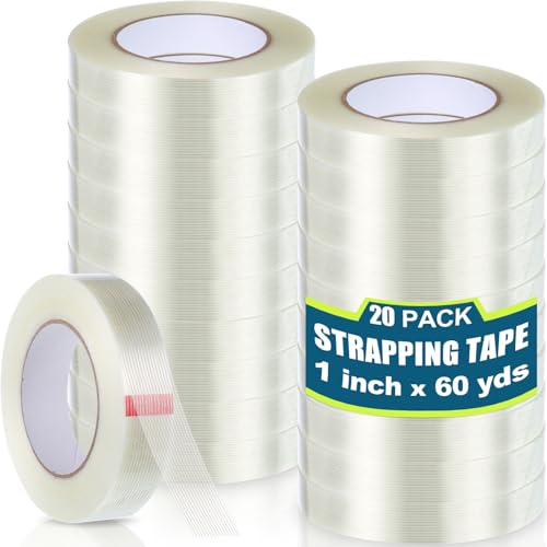 Treela 20 Rolls 1 Inch x 60 Yards Filament Strapping Tape Transparent Reinforced Fiberglass 5.5 Mil Heavy Duty Packing Shipping Tape for Sealing Binding Fixing