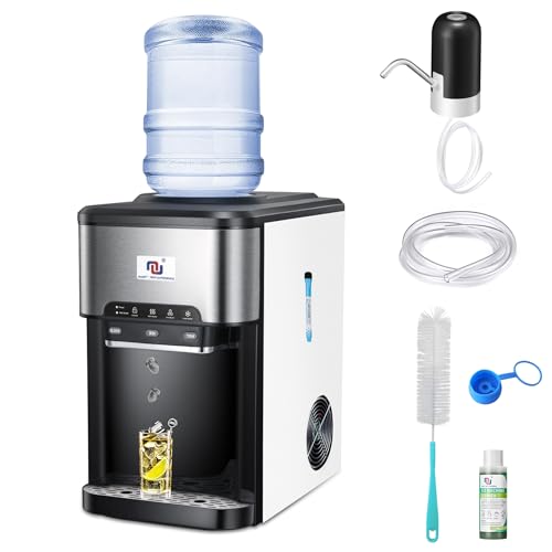 NUNET 3-in-1 Portable Ice Maker Water Dispenser Countertop Built-in Ice Machine 44lbs Ice Daily Top Loading 5 Gallon Hot Cold Water Dispenser w. 4lb Ice Storage & Cleaning Sets, Water Pump