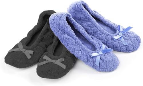 Isotoner Women's 2 Pack Mictroterry Ballerina Slipper with a Satin Bow, Plush Lining and Suede Sole, Periwinkle Quilted/Ash Solid, 8-9