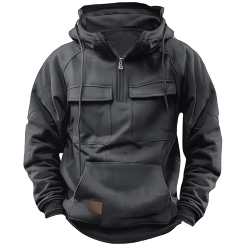 Drantren Cargo Hoodies for Men Tactical Sweatshirt Quarter Zip Cargo Pullover Hoodies Workout Gym Men Fashion Outdoor Hoodie Grey