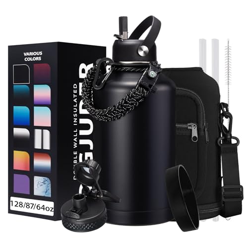 DIGJUPER Insulated Water Bottle 64oz - w/Paracord Handle, Straw & Spout Lids, Carrier Bag, Half Gallon Sport Stainless Steel Water Flask Jug, Thermo Mug Double-wall Vacuum Water Bottle
