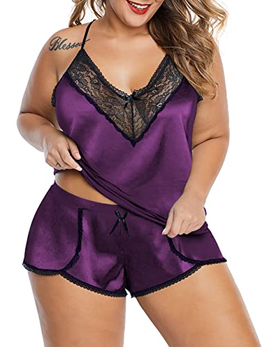 XAKALAKA Women Plus Size Pajamas Cami Shorts Set Nightwear Sexy Lace Lingerie Sleepwear Satin Purple 3XL