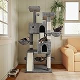 MUTICOR 66 Inches Multi-Level Large Cat Tree Tower for Indoor Big Feline/Cozy Plush Perches/Condo/Sisal Scratching Posts/Hammock and Baskets/Activity Center Play House/Wide Base/Grey