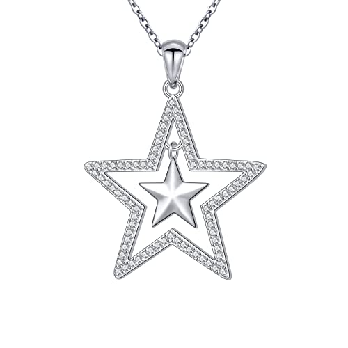Alphm S925 Sterling Silver Double Stars Necklace Pentagram Pendant Jewelry for Women Gift Men